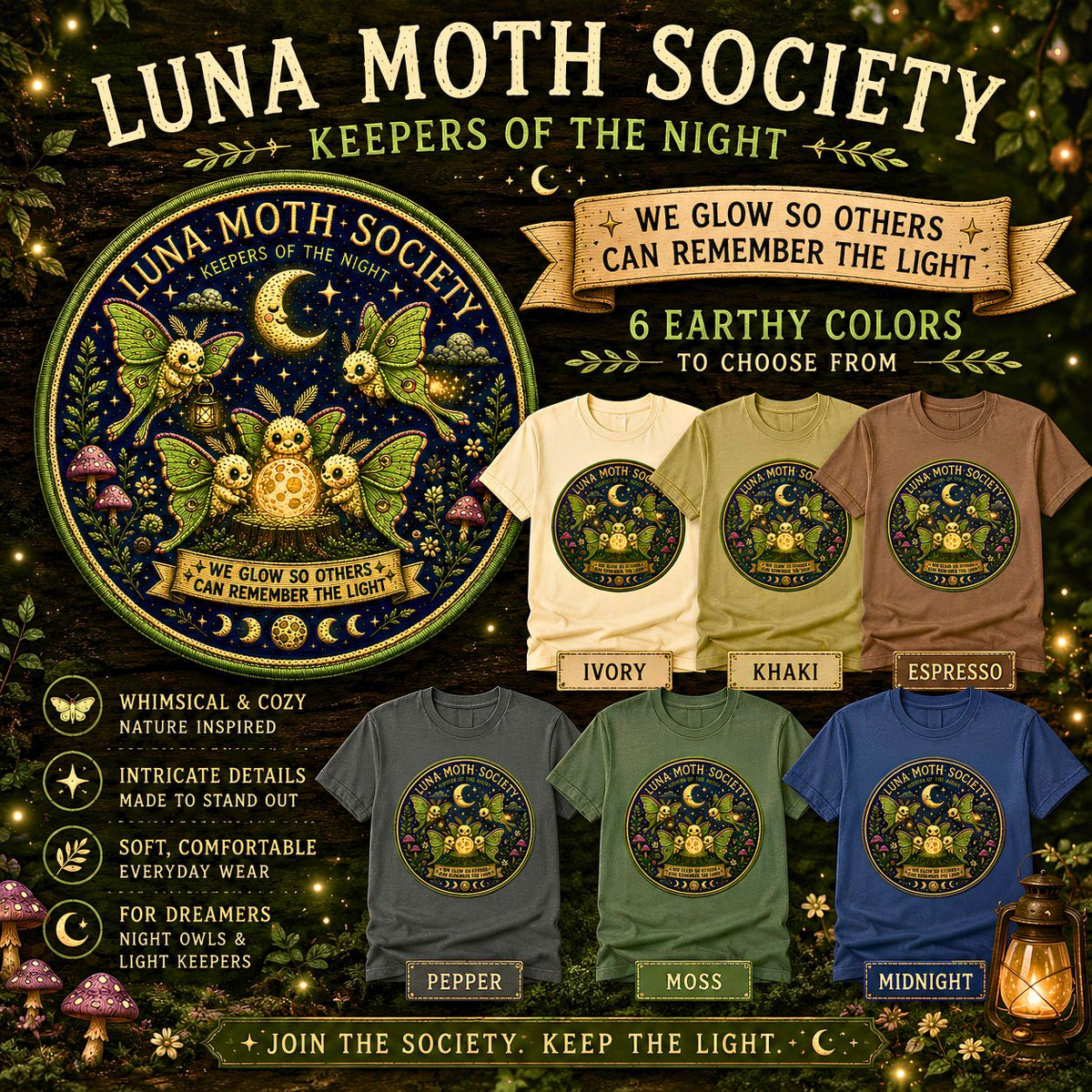 Luna Moth Society graphic shirt with luminous moths and moonlit woodland illustration