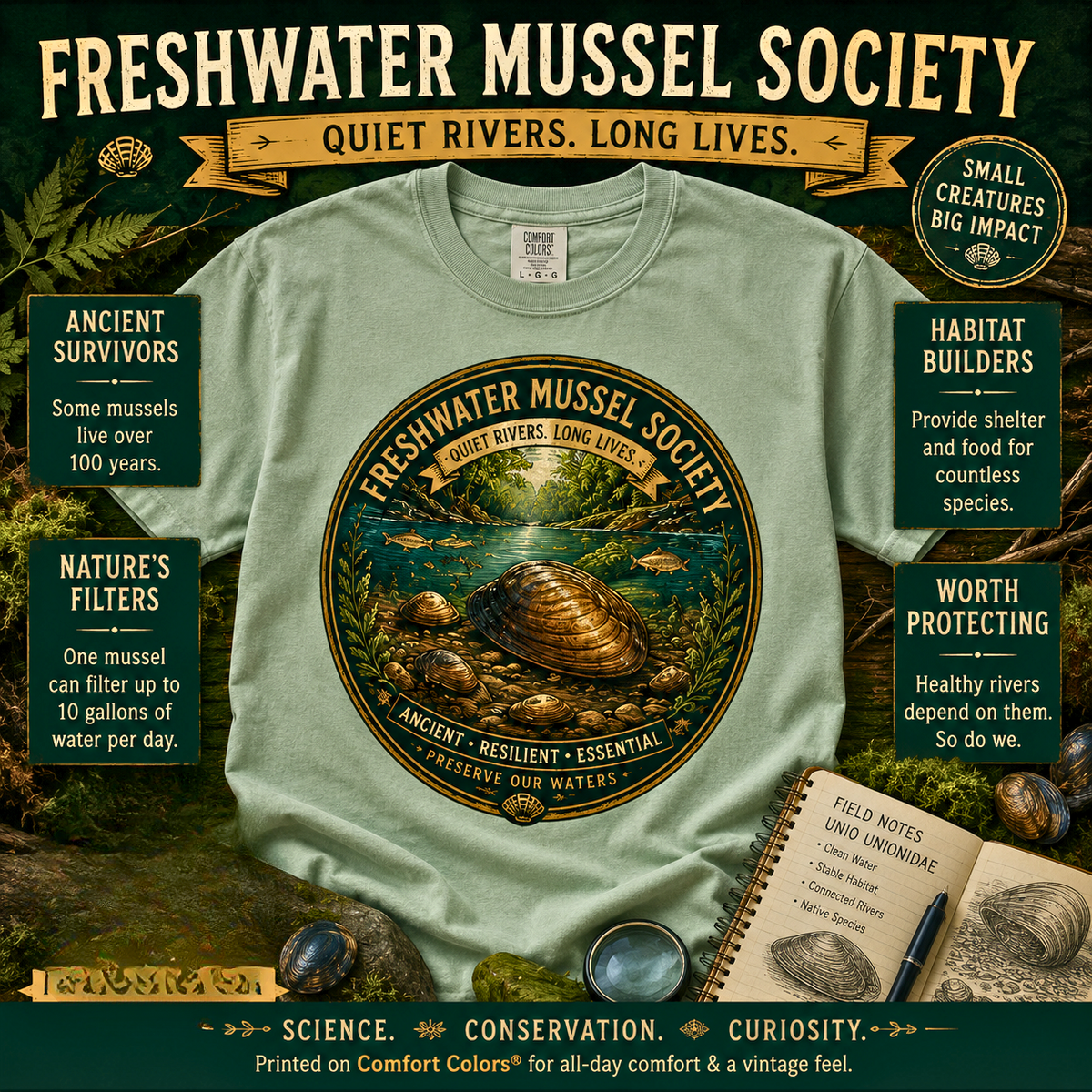 Freshwater Mussel Society Shirt, River Conservation Tee
