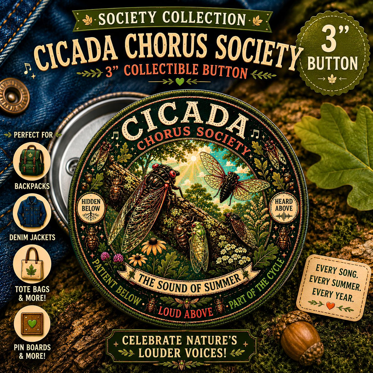 Cicada Chorus Society Pin Button Vintage Nature Illustrated Badge