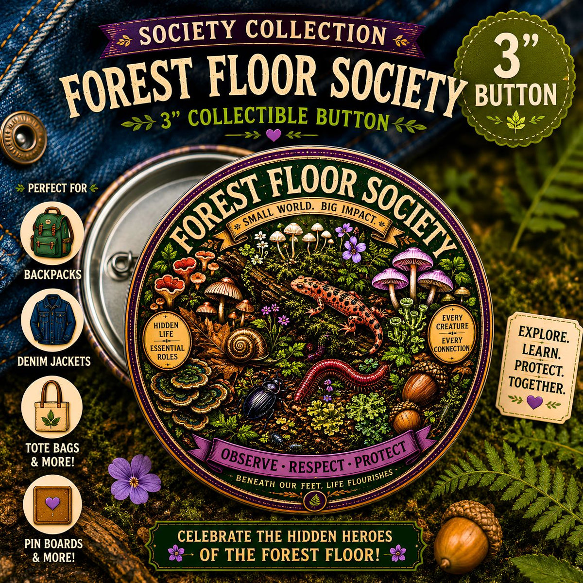 Forest Floor Society pin button, nature conservation enamel-style lapel pin