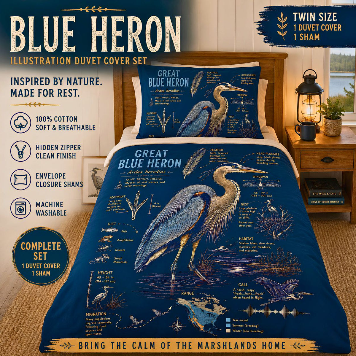Blue Heron Duvet Cover Set Cotton Bird Bedding