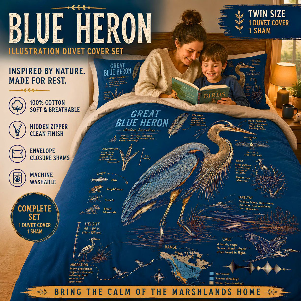 Blue Heron Duvet Cover Set | Cotton Bird Bedding | Great Blue Heron Nature Illustration | Coastal Cottage Bedroom Decor | Wildlife Bed Set