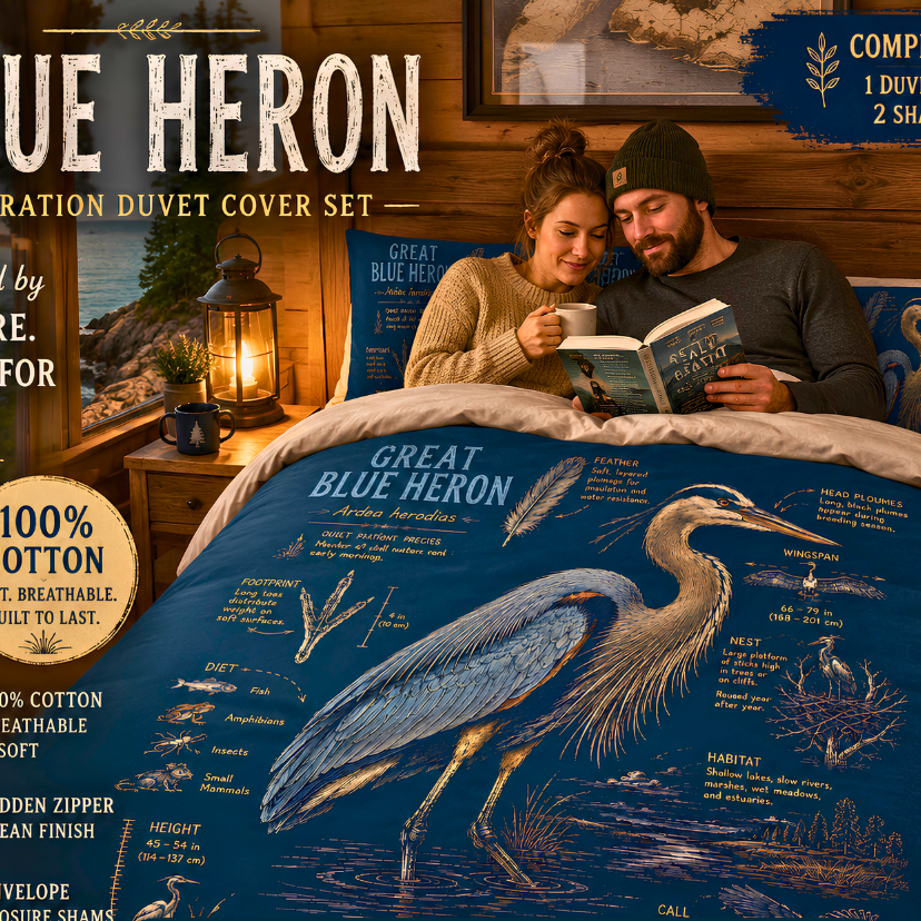 Blue Heron Duvet Cover Set | Cotton Bird Bedding | Great Blue Heron Nature Illustration | Coastal Cottage Bedroom Decor | Wildlife Bed Set