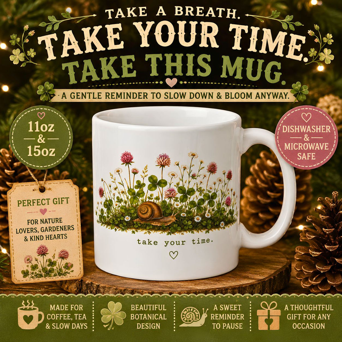 Woodland Snail with Wildflowers Mug Floral Nature Ceramic Mug