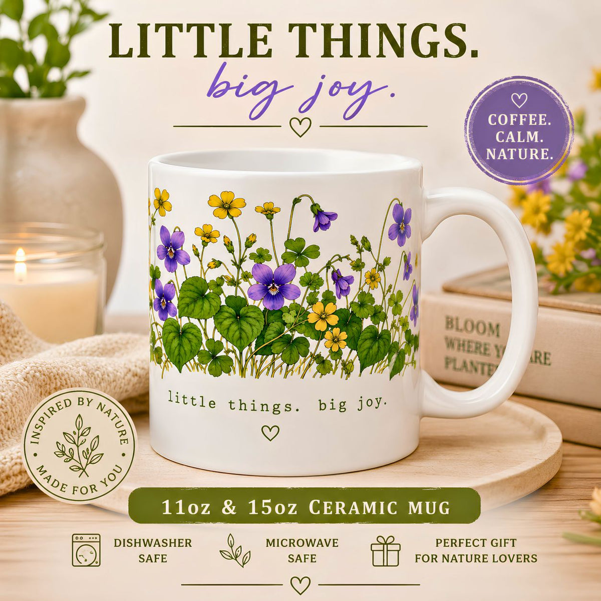 Little Things Big Joy Ceramic Mug Violet and Wood Sorrel Coffee Mug