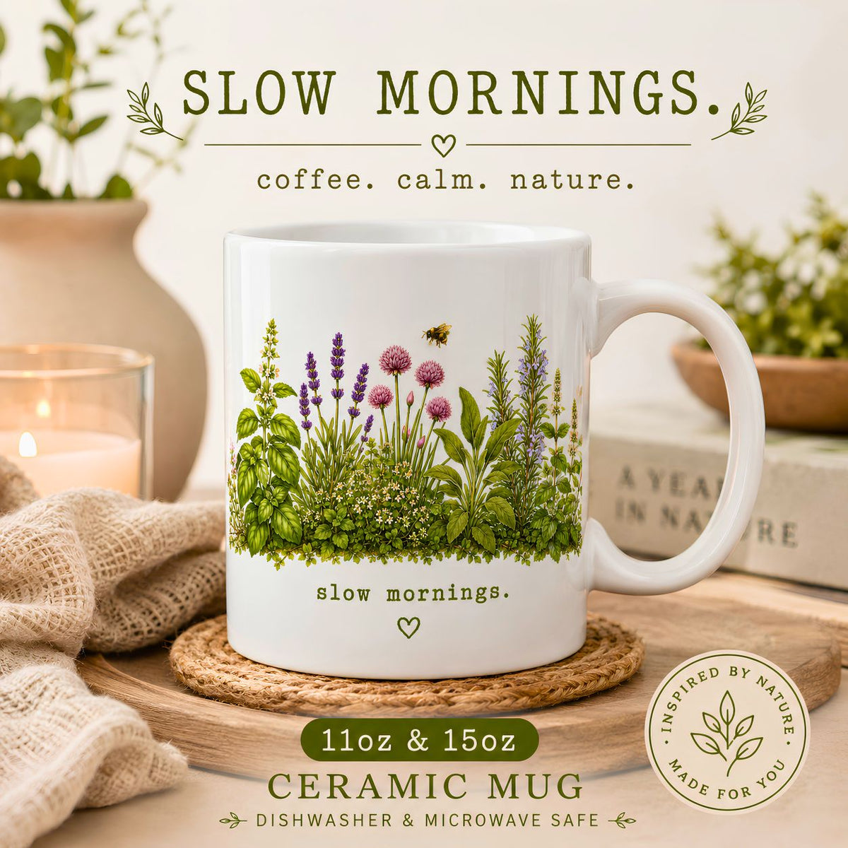 Slow Mornings Ceramic Mug Botanical Coffee Mug