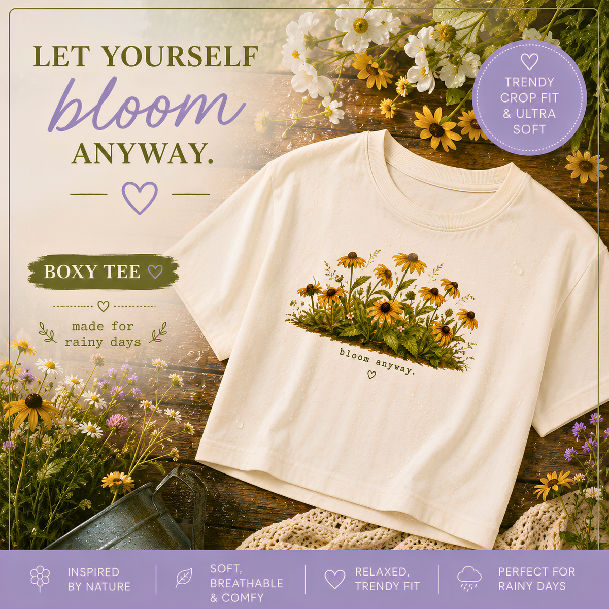Bloom Anyway Boxy Tee Black-Eyed Susan Wildflower Shirt
