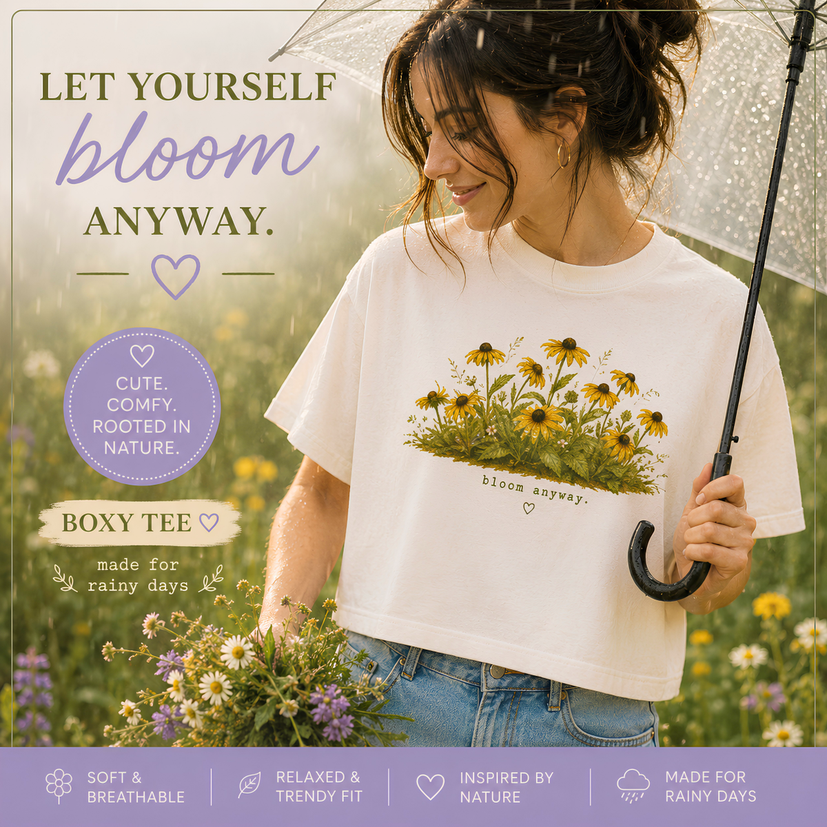 Bloom Anyway Boxy Tee | Black-Eyed Susan Wildflower Shirt | Cottagecore Floral Graphic Tee | Women's Relaxed Cropped Nature Shirt