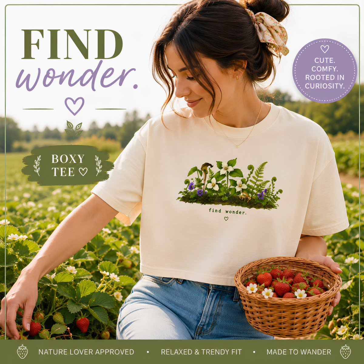 Find Wonder Boxy Tee | Woodland Wildflower Shirt | Cottagecore Mushroom Graphic Tee | Women's Relaxed Cropped Nature Shirt