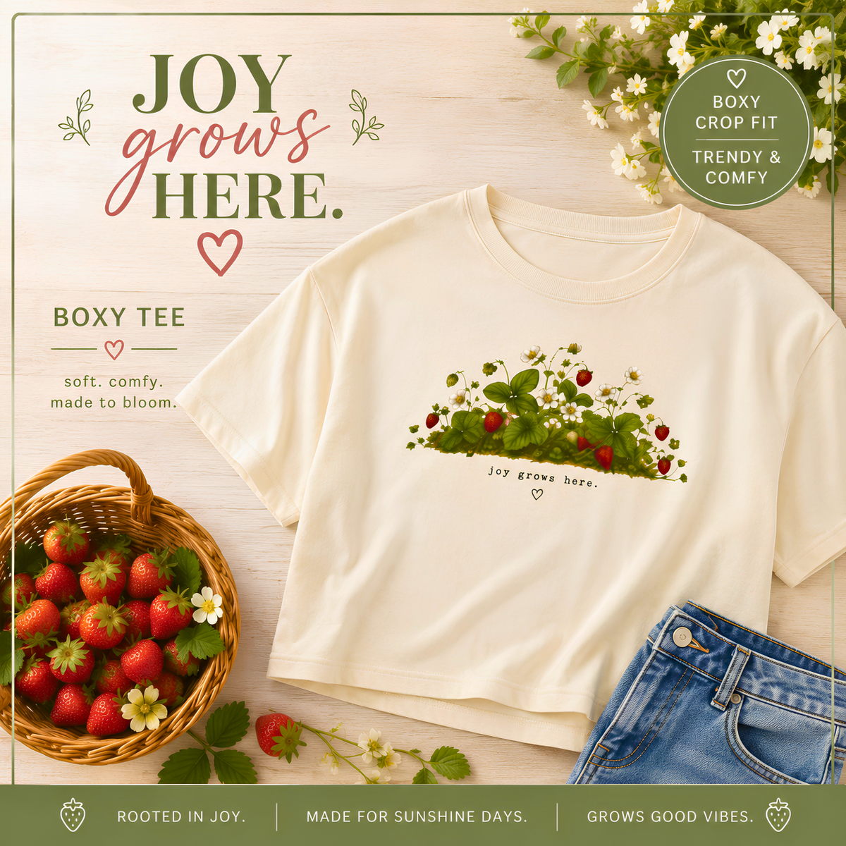 Joy Grows Here Boxy Tee Strawberry Blossom Cottagecore Shirt