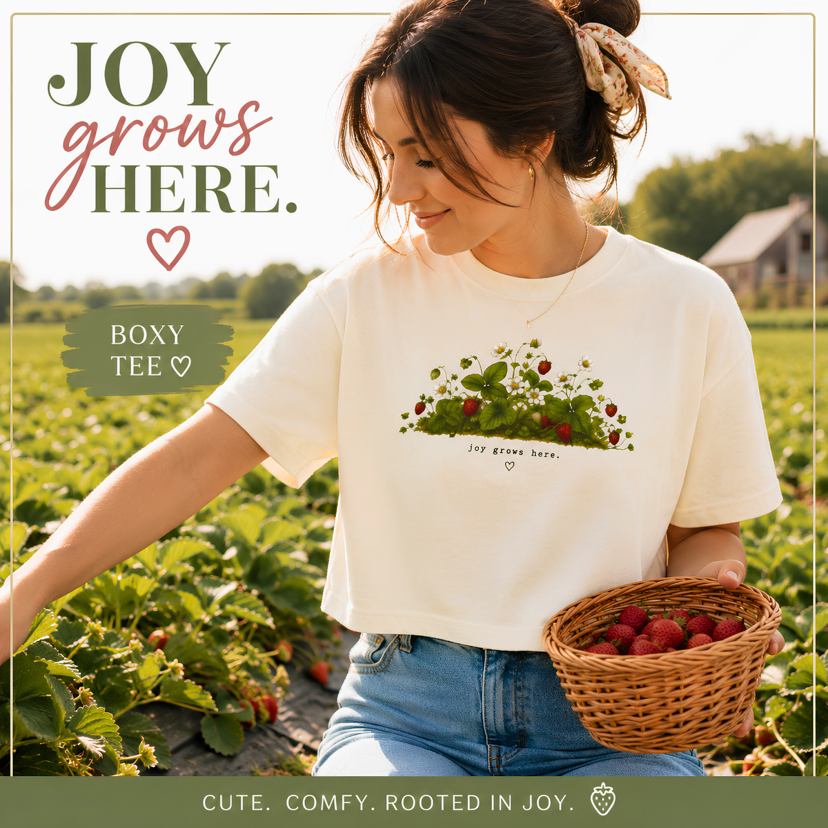 Joy Grows Here Boxy Tee | Strawberry Blossom Cottagecore Shirt | Cute Women's Cropped Relaxed Graphic Tee
