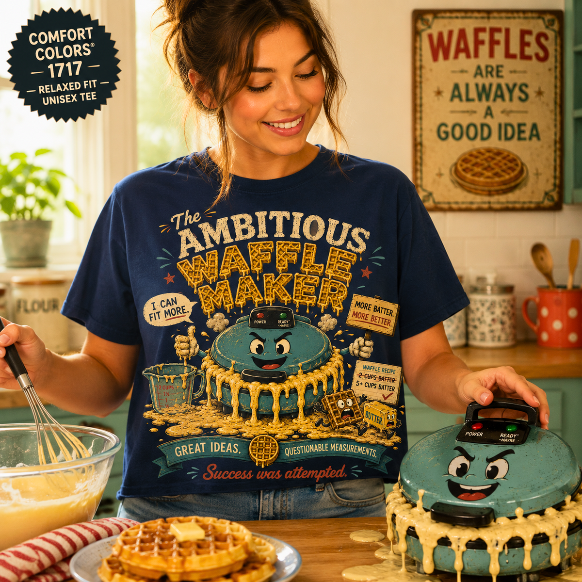 Ambitious Waffle Maker retro breakfast cartoon graphic T-shirt