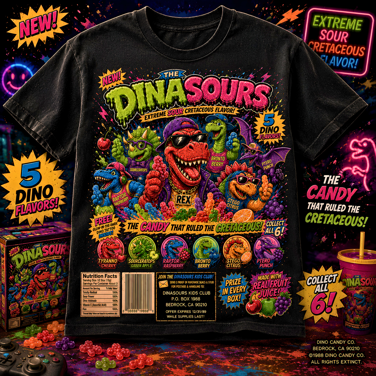 The Dinasours Retro Candy Shirt | Vintage 80s Cartoon Candy Tee | Funny Dinosaur Graphic Tee | Nostalgic Saturday Morning Candy Box Shirt