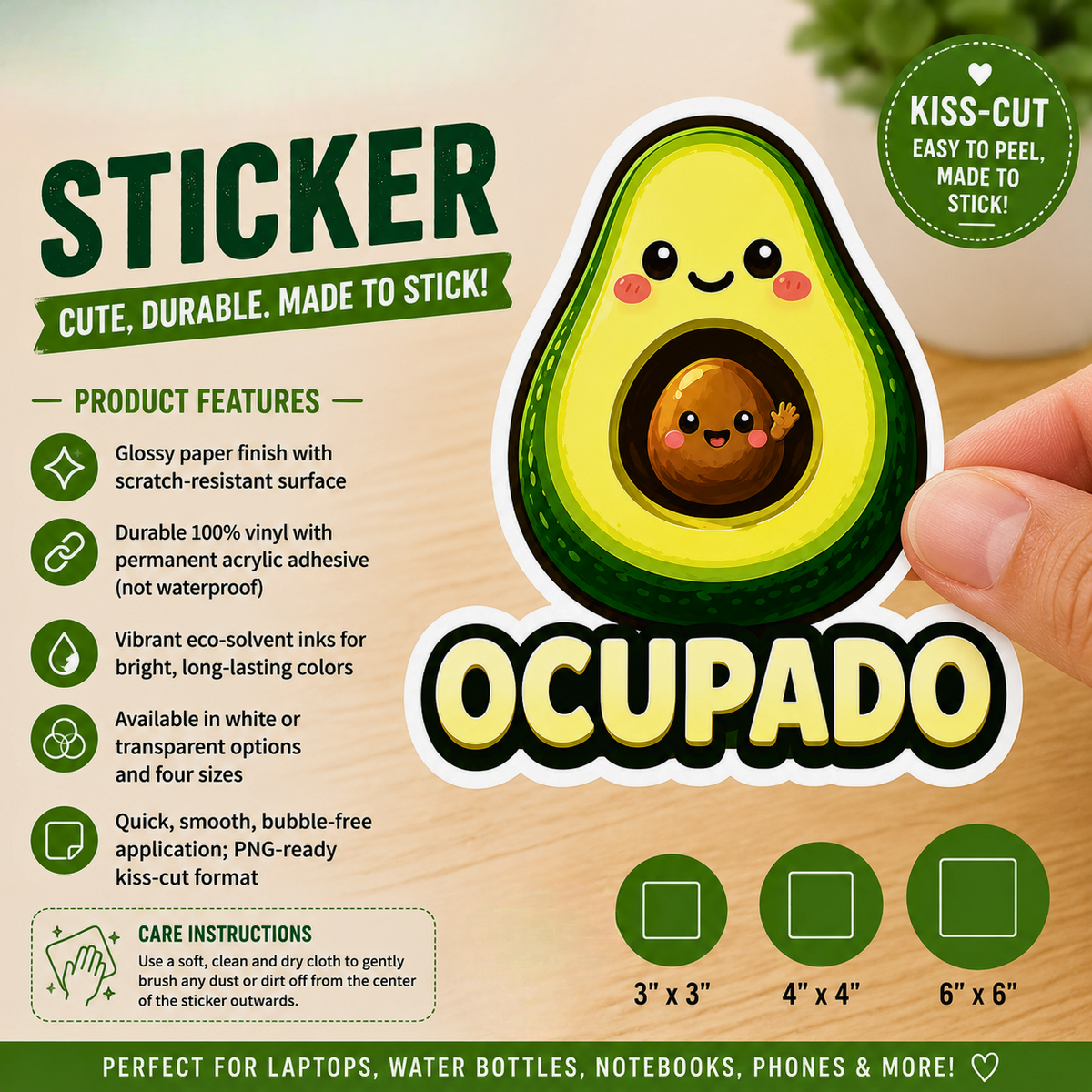 Kawaii Avocado with Pit 'Ocupado' Sticker Kiss-Cut Sticker
