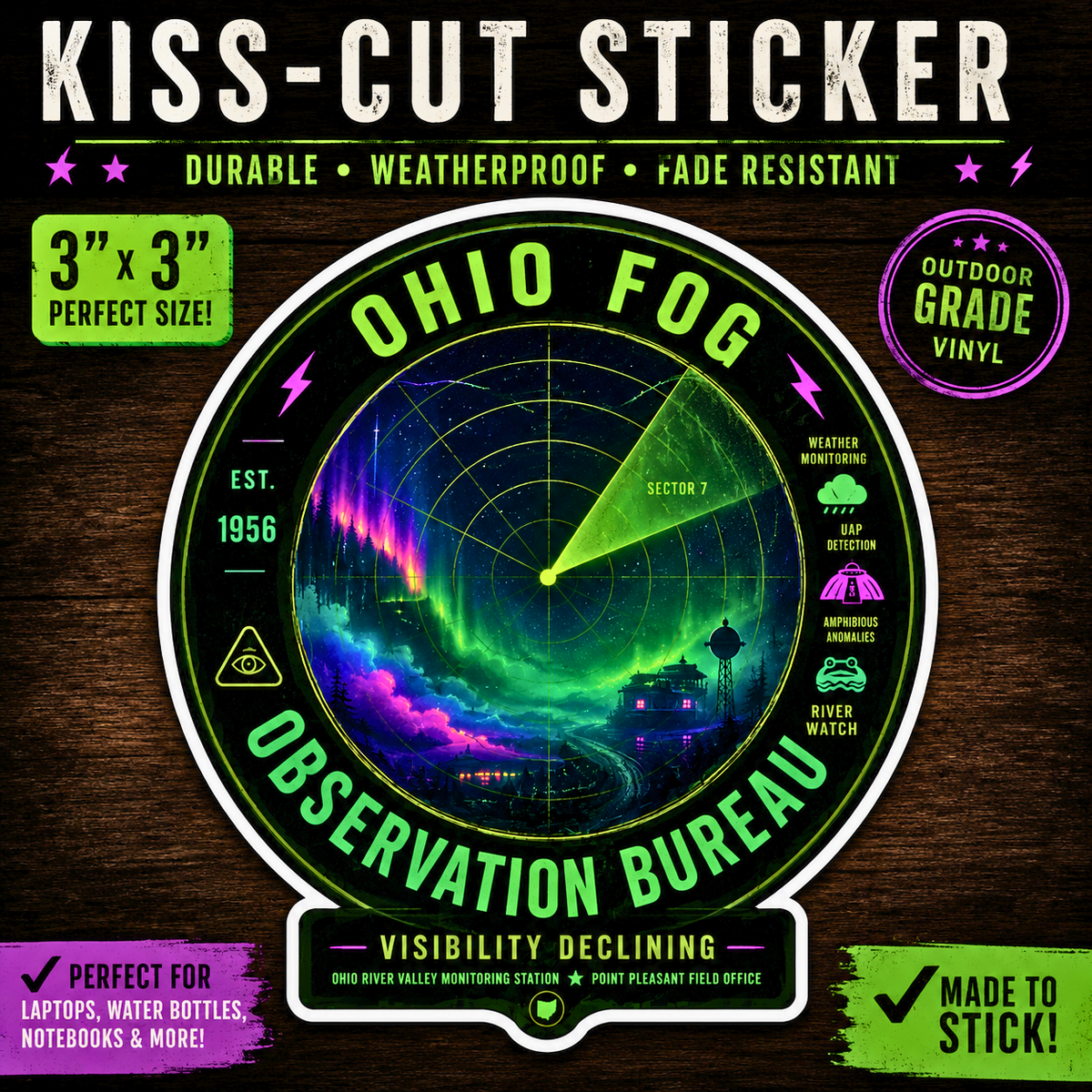 Ohio Fog Observation Bureau Sticker Radar Aurora Nightscape Kiss-Cut