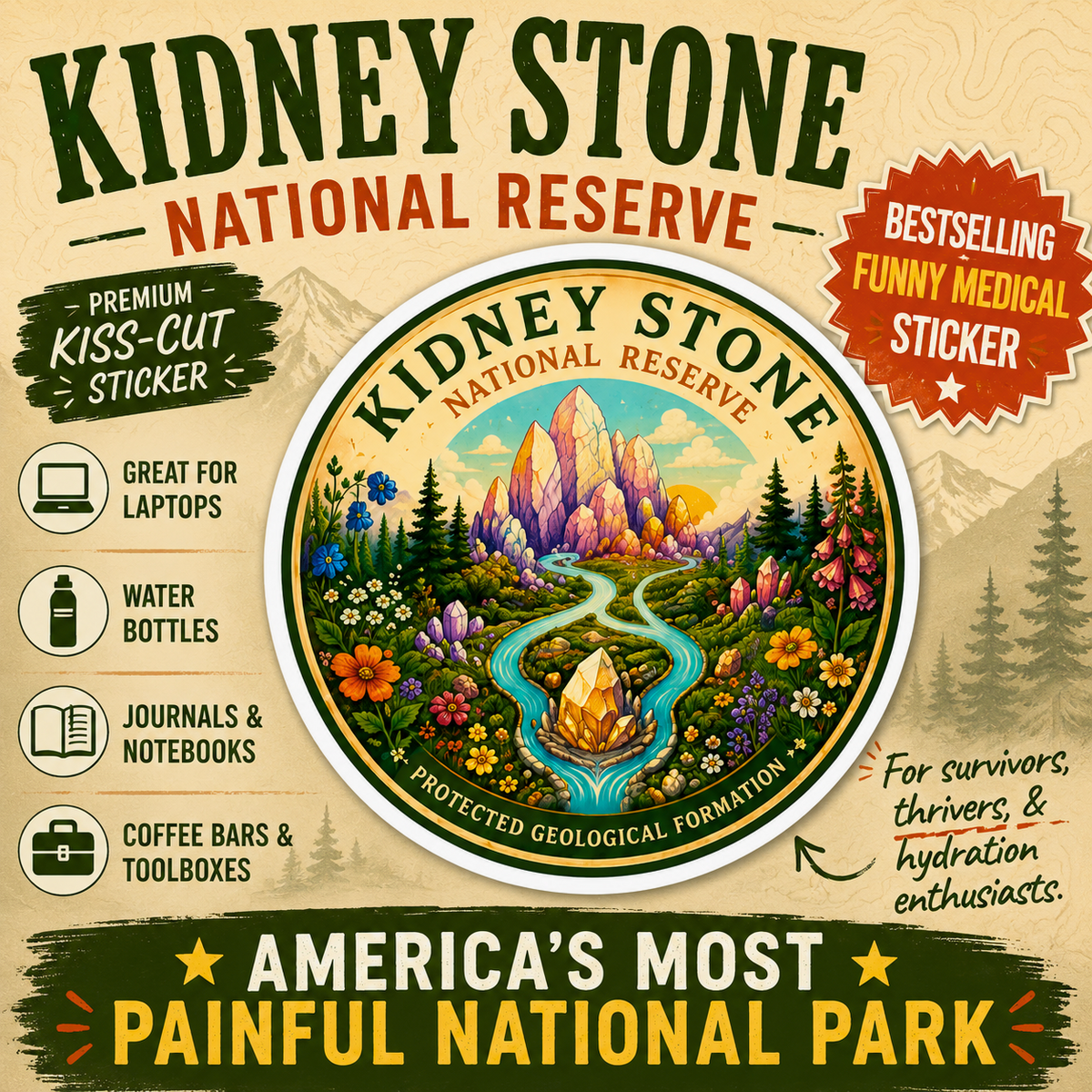 Kidney Stone National Reserve sticker crystal mountain landscape, nature badge