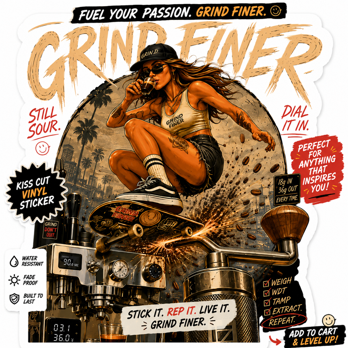 Grind Finer Coffee Sticker Espresso Skateboard Vinyl Decal