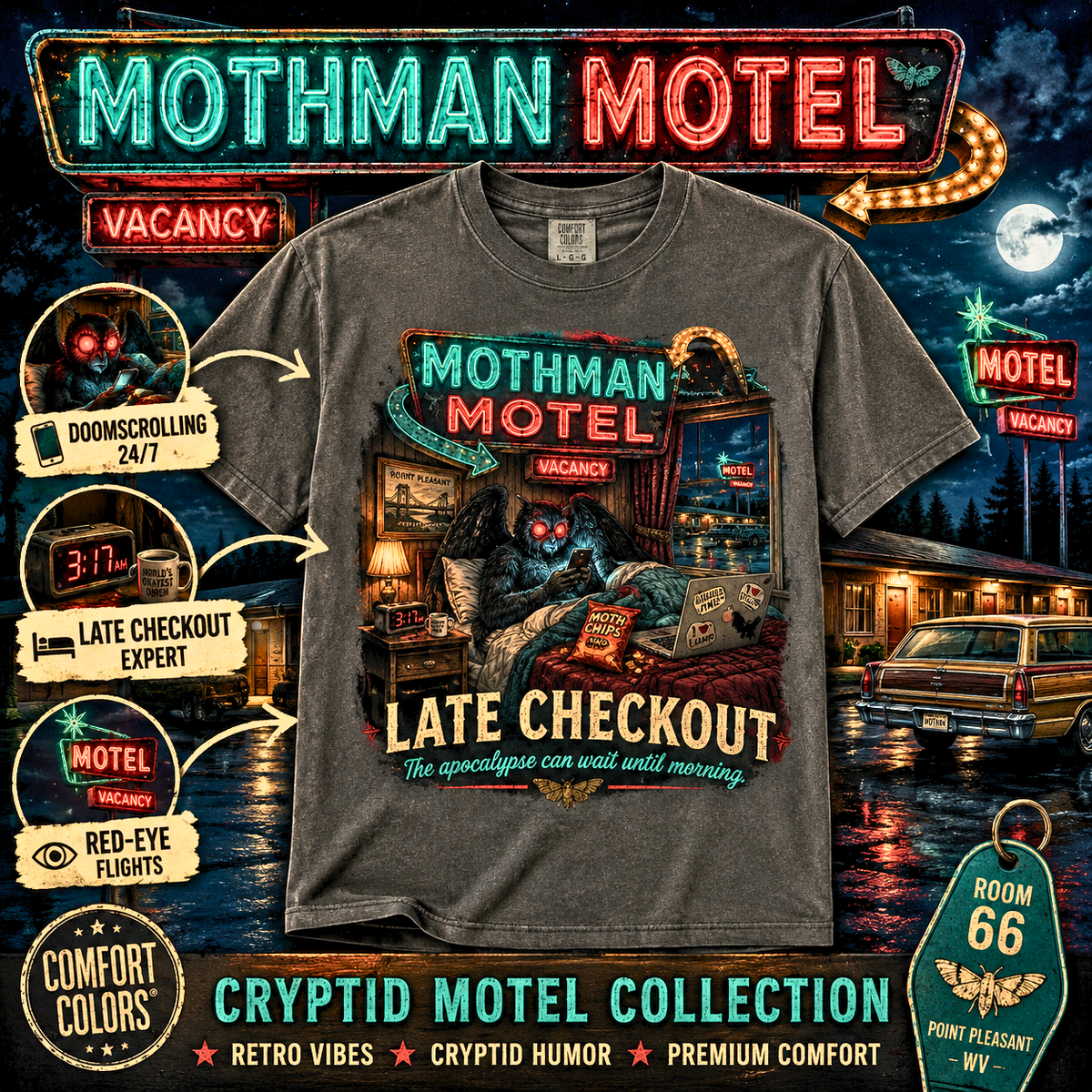 Mothman Motel Late Checkout T-Shirt Cryptid Retro Horror Art