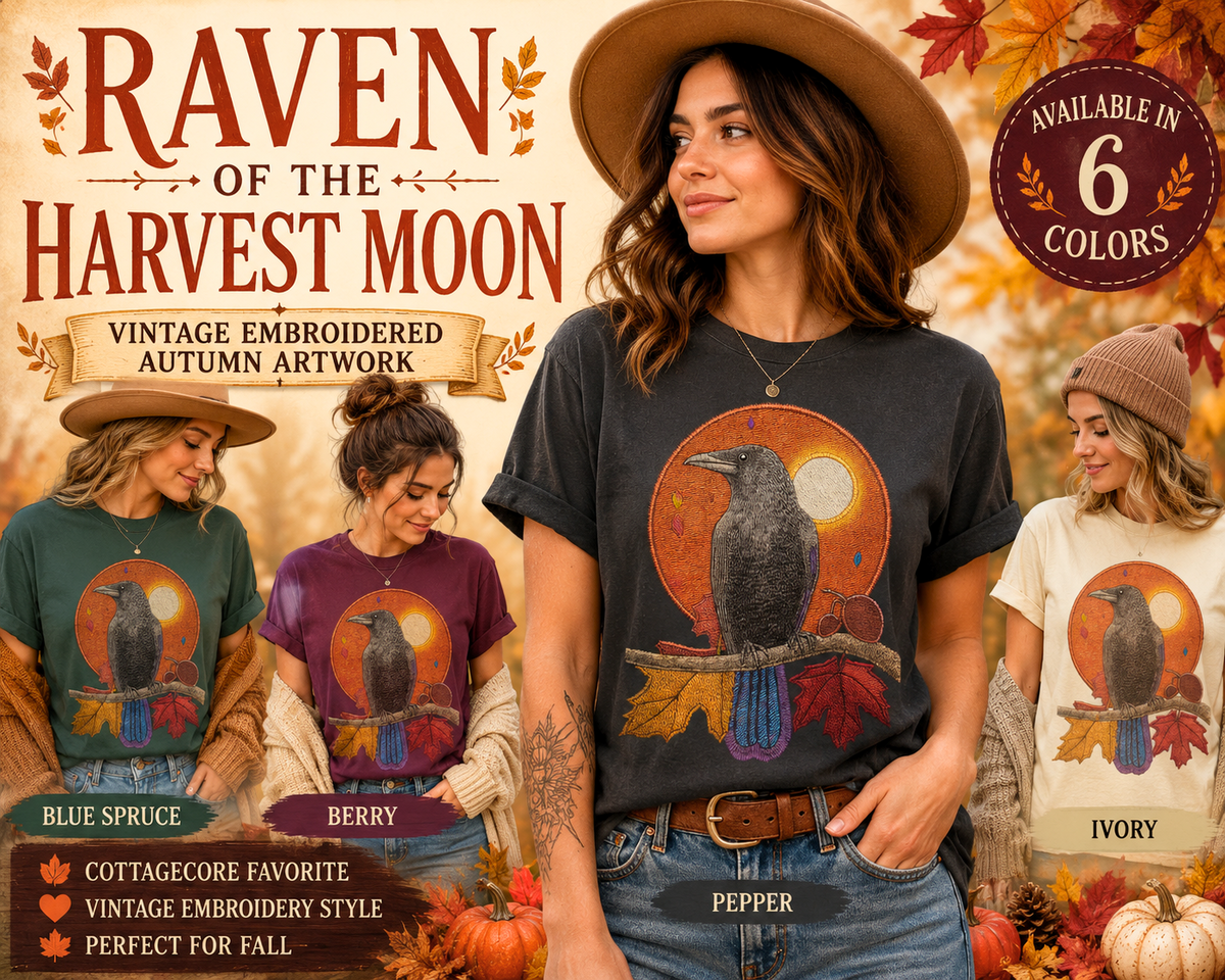 Autumn Crow Illustration T-shirt Raven, Fall Leaves, Harvest Moon