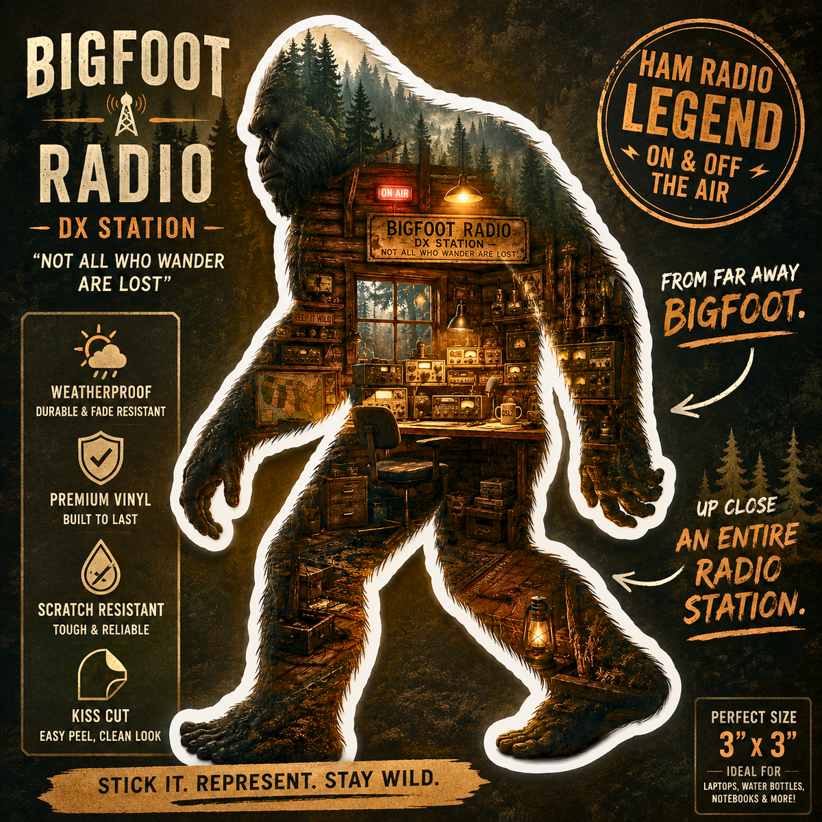 Bigfoot Silhouette Cabin Scene Sticker Kiss-Cut Sticker