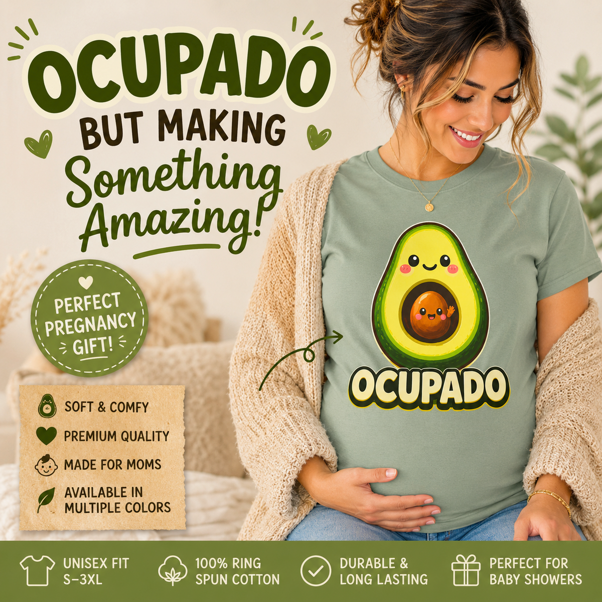 Ocupado Funny Pregnancy Shirt Avocado Maternity Tee