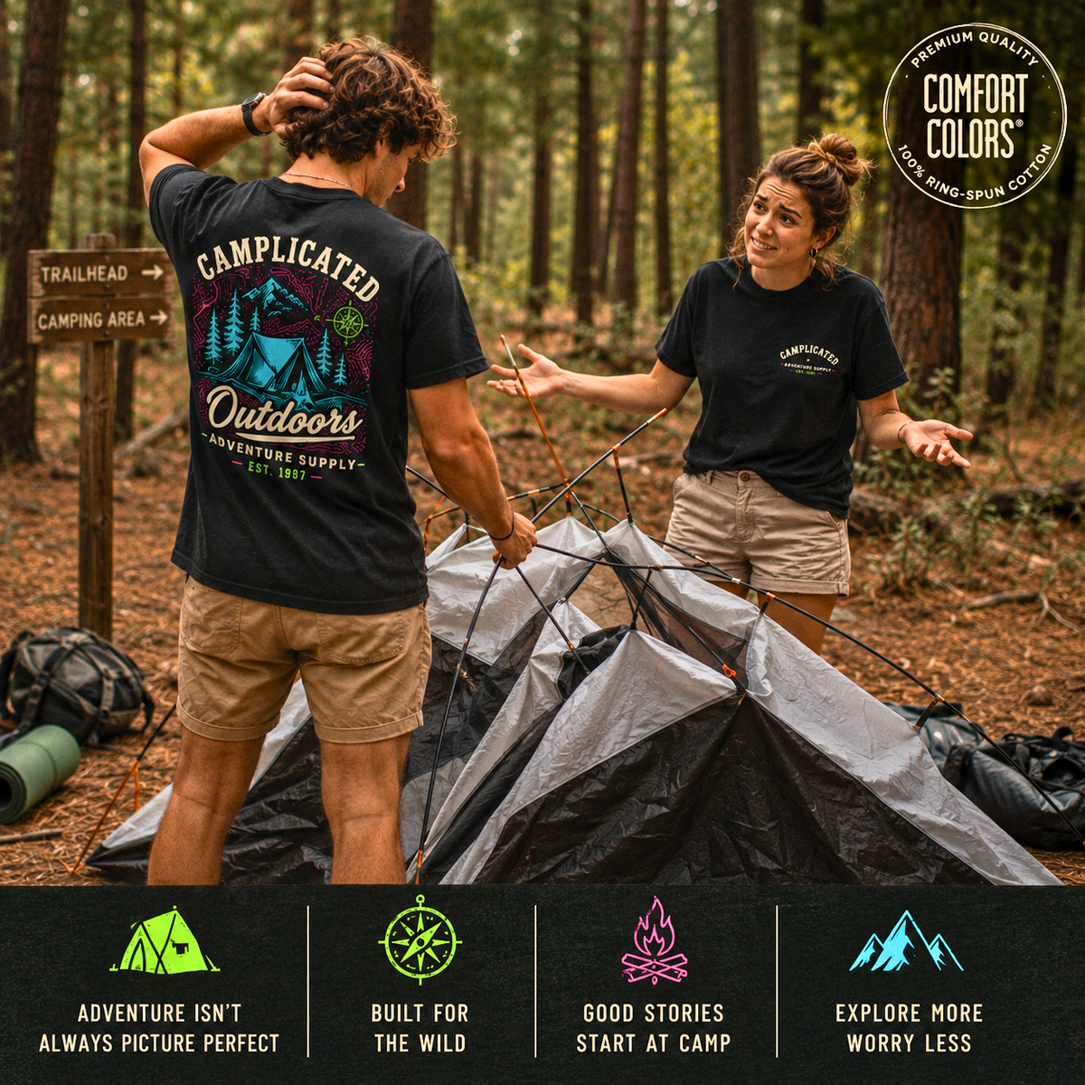 Camplicated Outdoors, Adventure Supply Shirt, Camping, Comfort Colors, Funny Camper Gift, Hiking, Tent Life, Outdoor Lover Tee