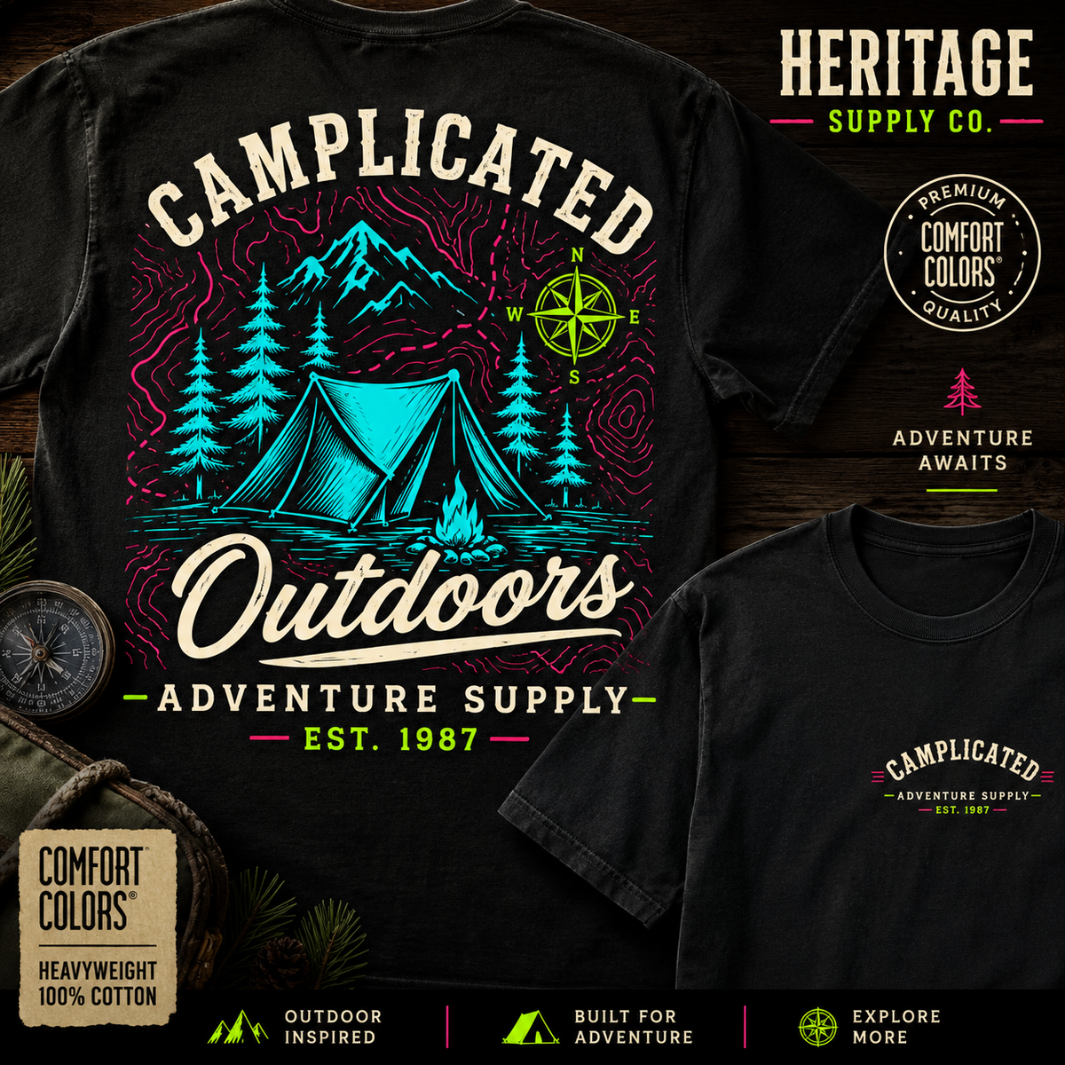 Camplicated Outdoors, Adventure Supply Shirt, Camping, Comfort Colors, Funny Camper Gift, Hiking, Tent Life, Outdoor Lover Tee