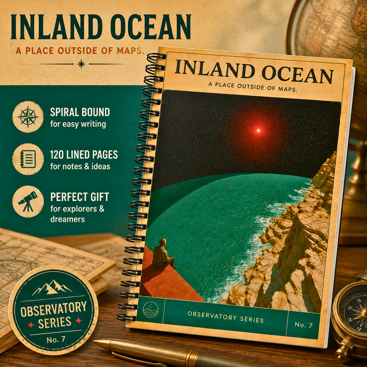 Inland Ocean Observatory retro travel poster Spiral Notebook Ruled Journal