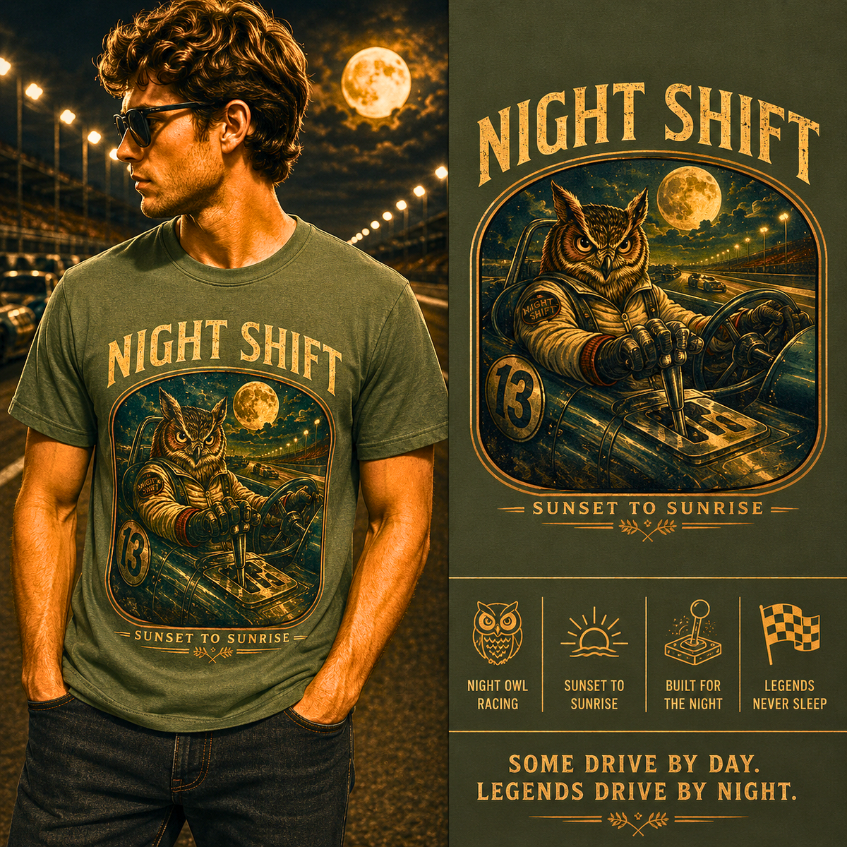 Night Shift Racing Shirt, Owl Race Car Tee