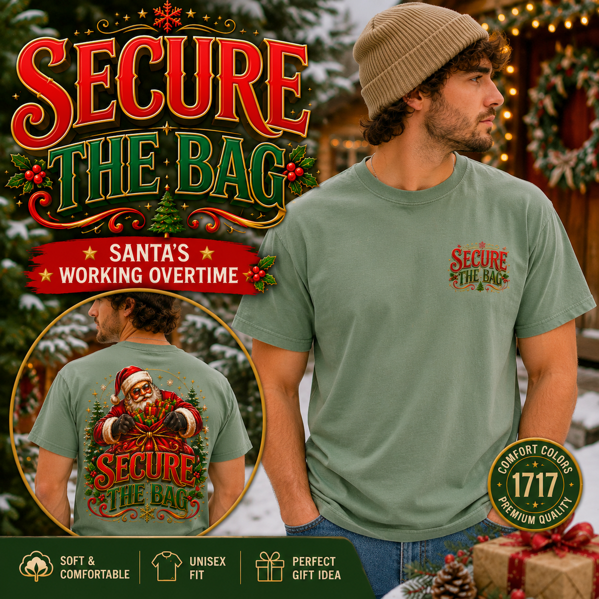 Bella Canvas 3001 Christmas Shirt, Secure The Bag Santa Tee, Funny Holiday Shirt, Christmas Graphic Tee, Santa Claus Gift