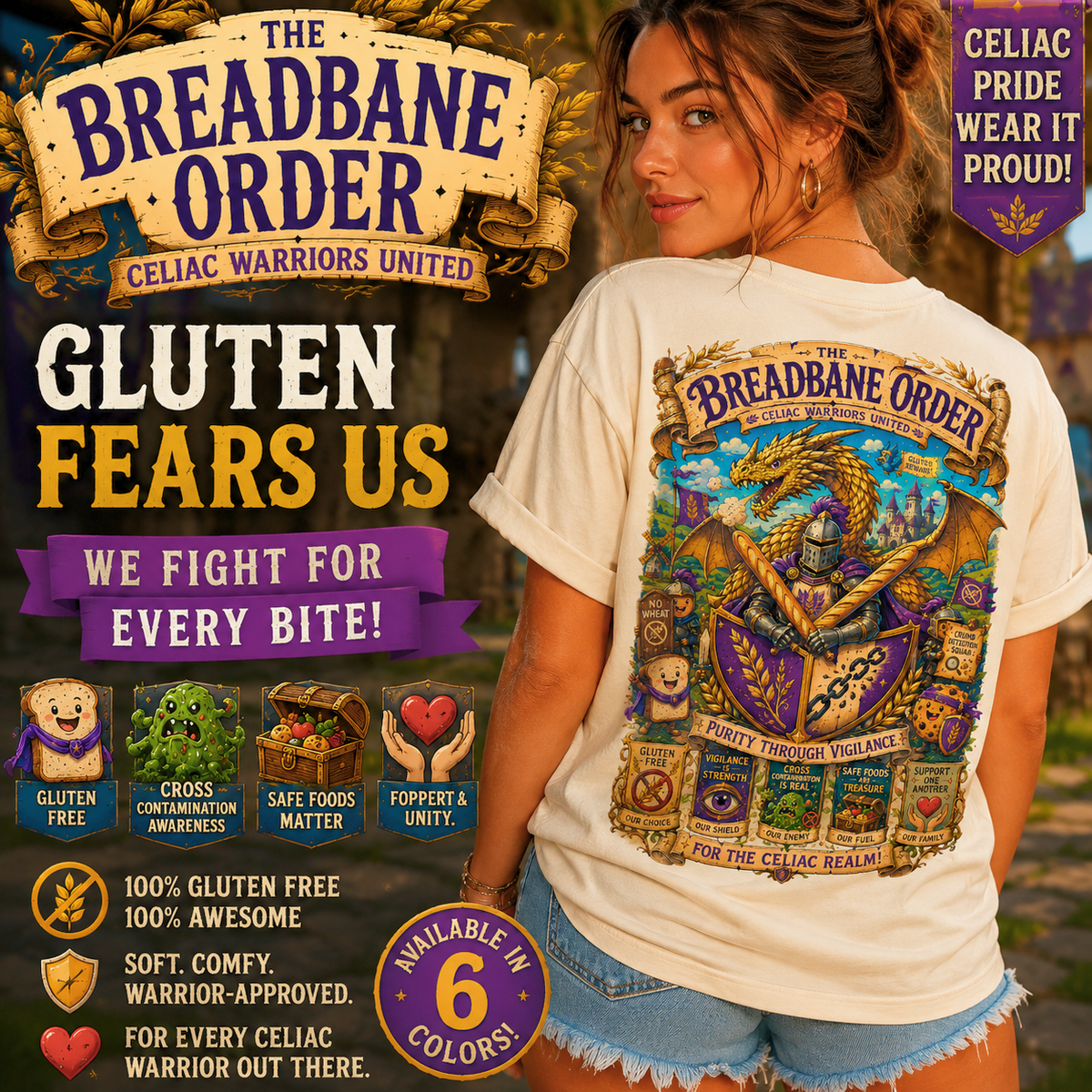 Celiac Shirt, Celiac Warriors United Tee, Gluten Free Fantasy Dragon Shirt, Celiac Awareness Gift, Breadbane Order Medieval Knight Tee