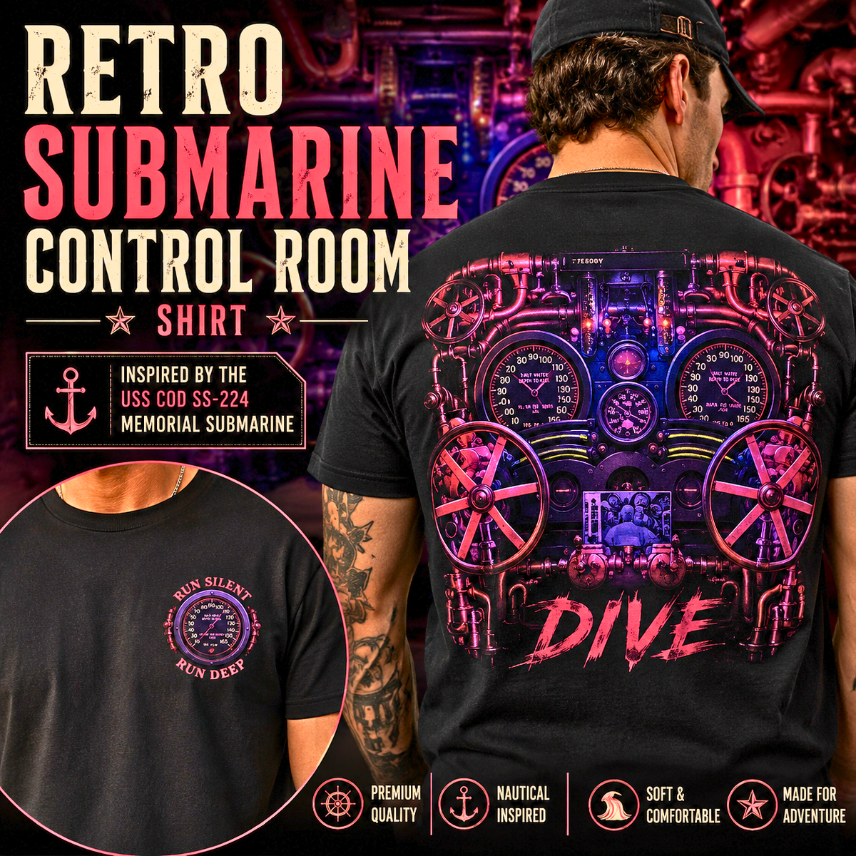 Retro Submarine Engine Dive T-Shirt Nautical Vintage Dive Artwork