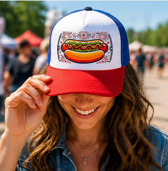 4th of July Hot Dog Trucker Hat, Relish The Moment Cap, Funny USA Hat, Patriotic BBQ Hat, Summer Cookout Hat, American Flag Party Cap