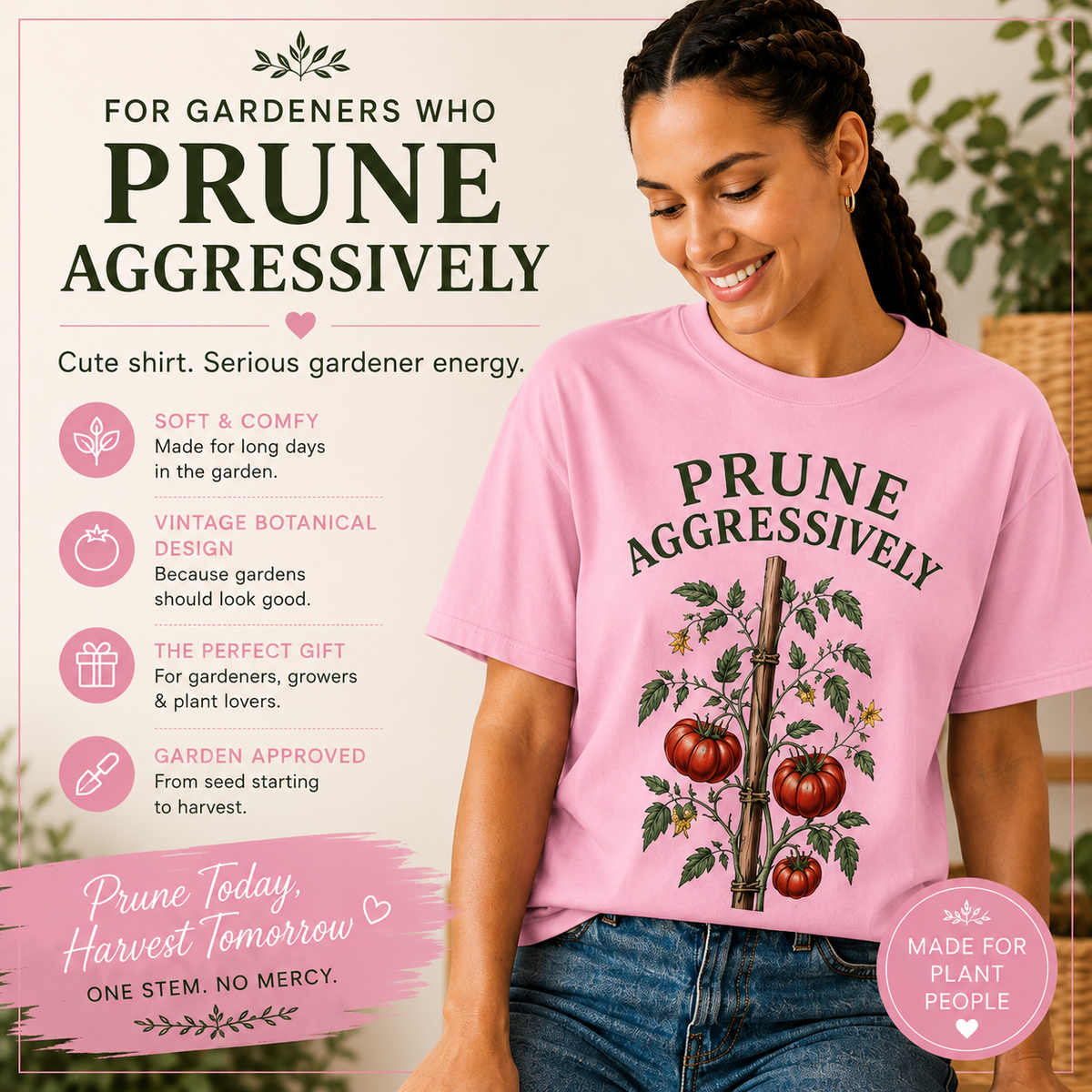 Prune Aggressively, Vintage Tomato Gardener Tee, Heirloom Gardening Shirt, Cottagecore Plant Lover Gift, Botanical Garden Graphic