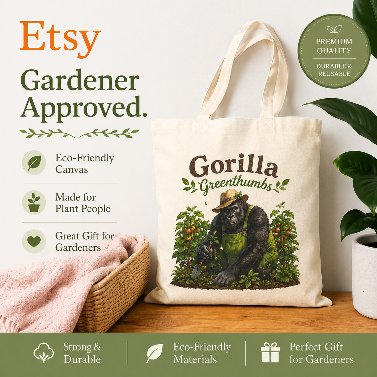 Gorilla Gardening Tote Bag, Plant Lover Tote