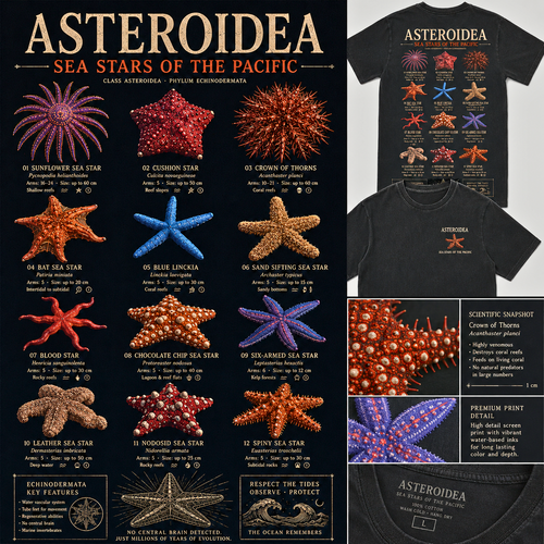 Asteroidea Sea Stars of the Pacific Shirt Marine Biology Tee