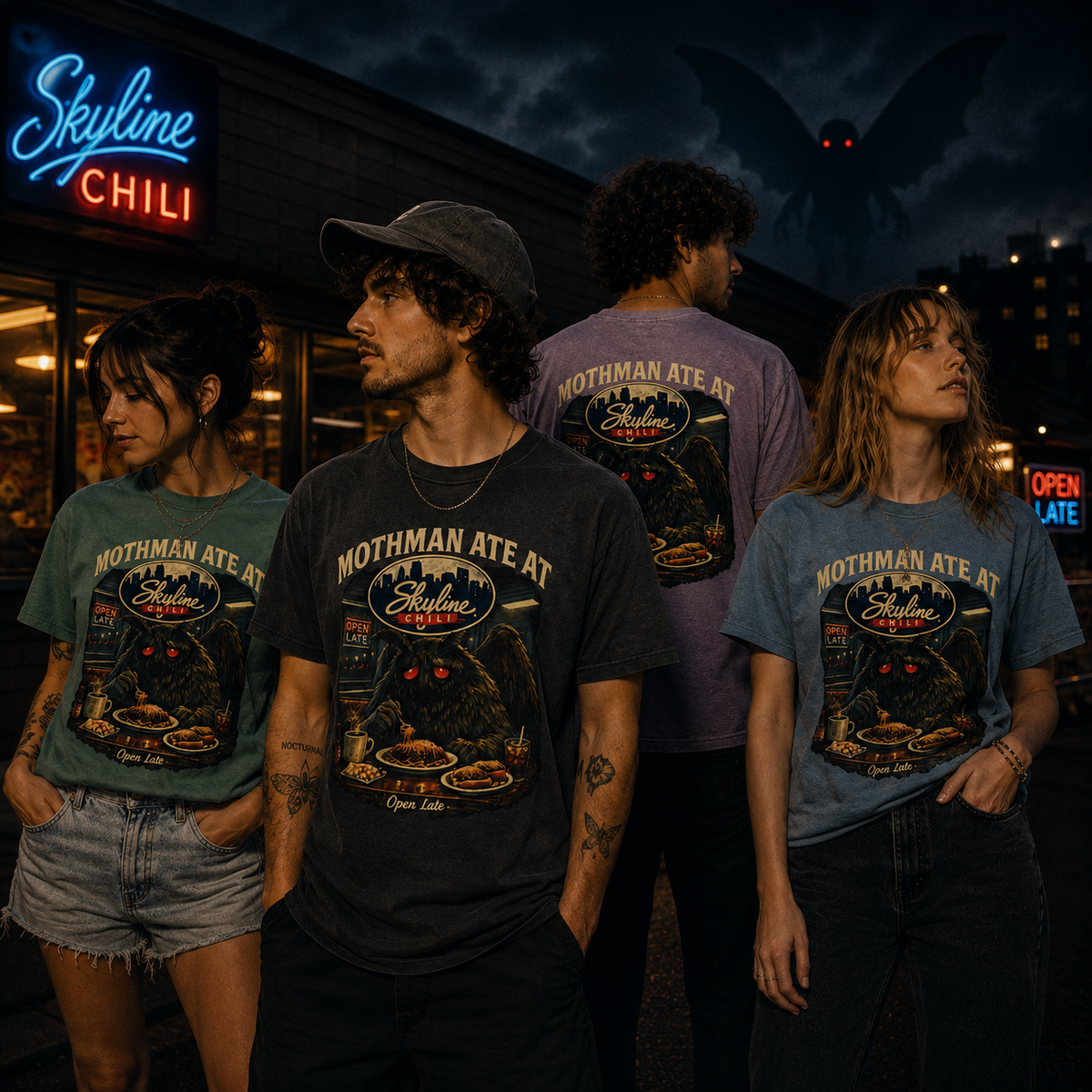 Satirical Mothman Chili Shirt, Cryptid Diner Graphic, Midnight Ohio Humor, Retro Monster Aesthetic, Open Late Apparel