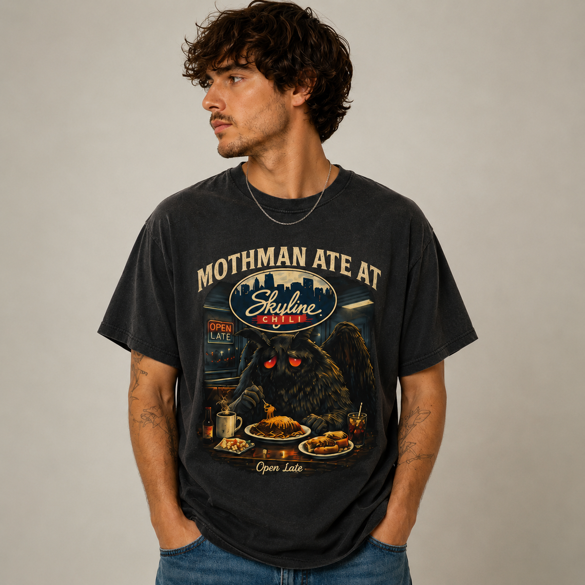 Satirical Mothman Chili Shirt, Cryptid Diner Graphic, Midnight Ohio Humor, Retro Monster Aesthetic, Open Late Apparel