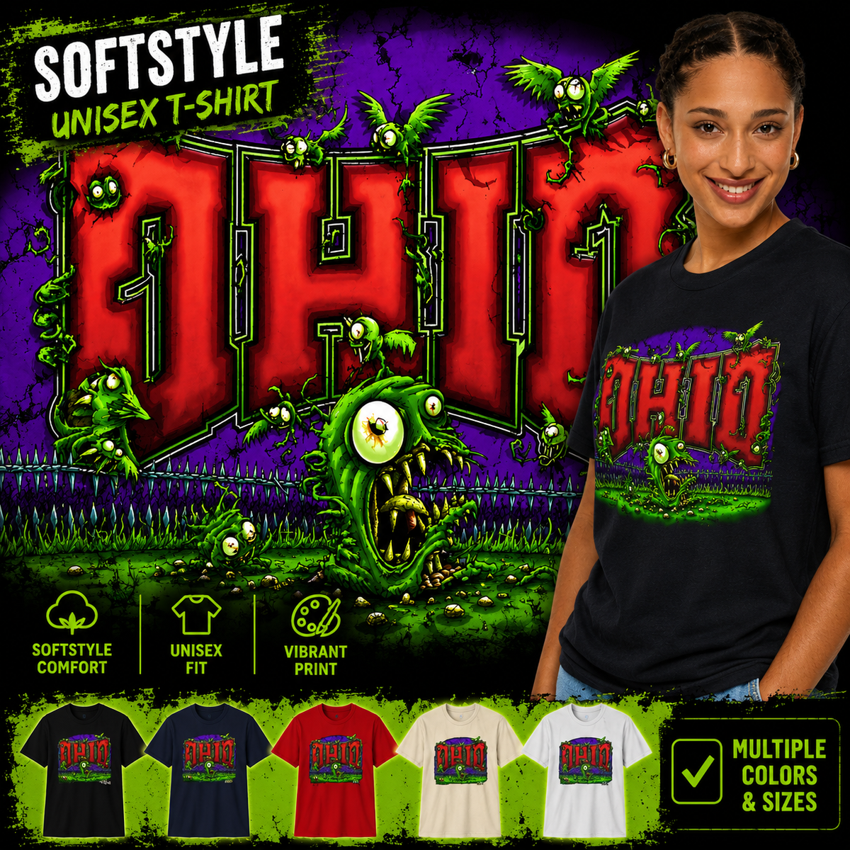 Ohio Monster Shirt, Neon Horror Graphic Tee