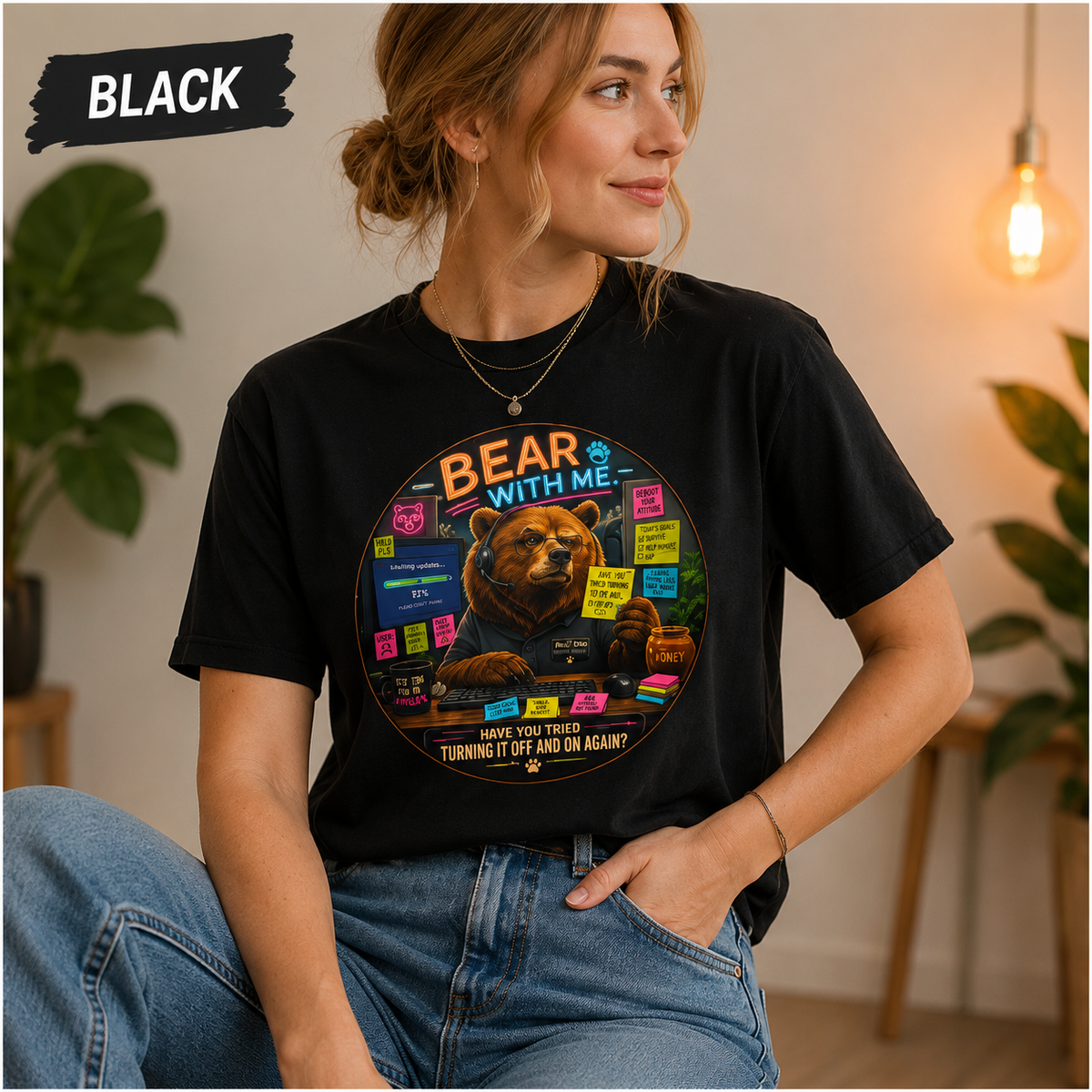 Bear With Me Shirt, Funny IT Support Tee, Tech Help Desk Humor, Turning It Off And On Again Graphic T-Shirt