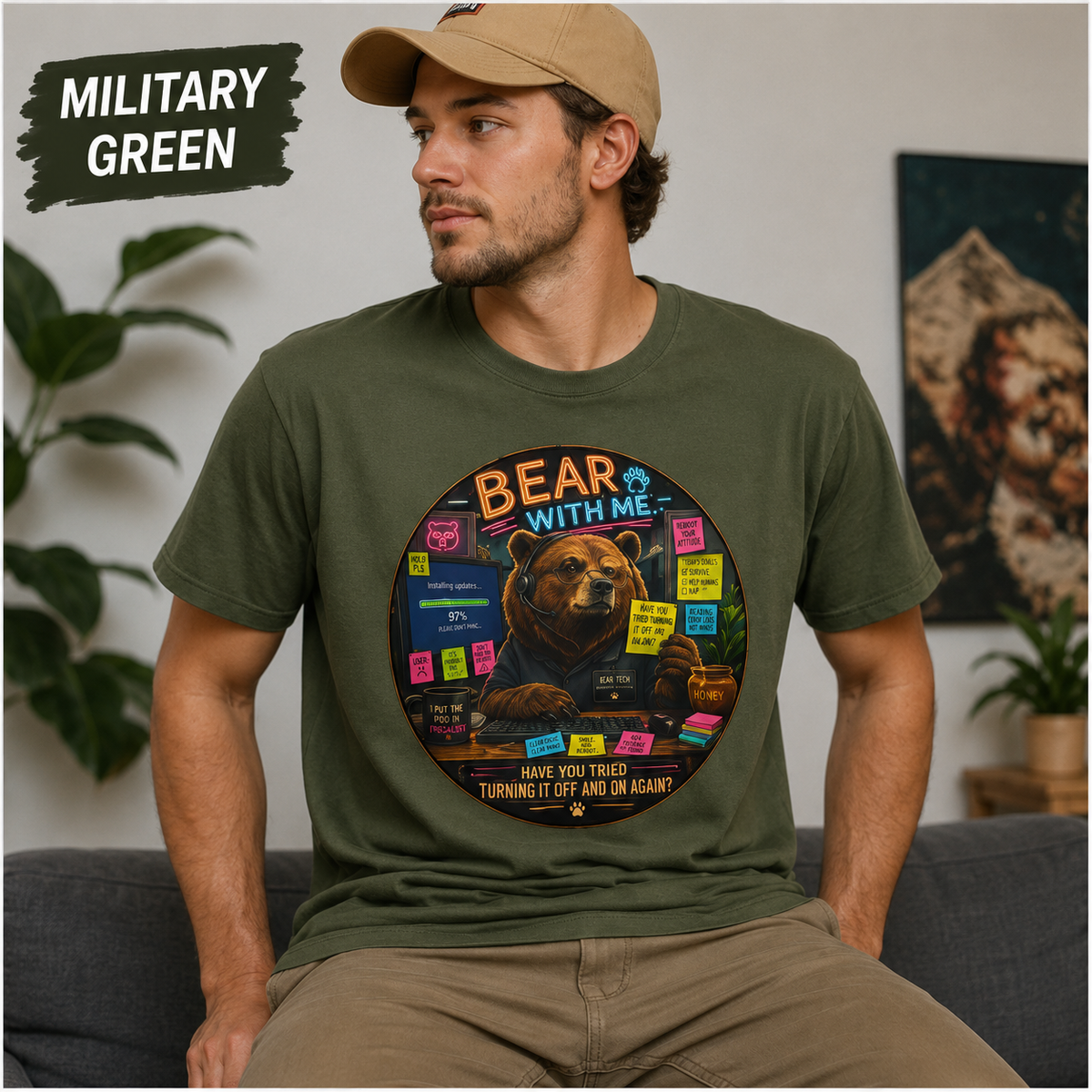 Bear With Me Shirt, Funny IT Support Tee, Tech Help Desk Humor, Turning It Off And On Again Graphic T-Shirt
