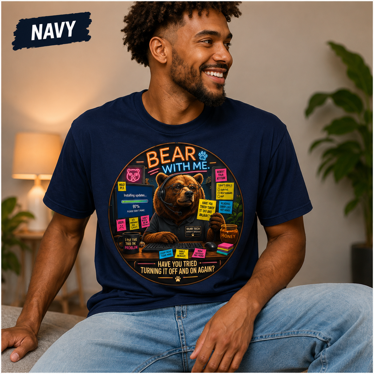 Bear With Me Shirt, Funny IT Support Tee, Tech Help Desk Humor, Turning It Off And On Again Graphic T-Shirt