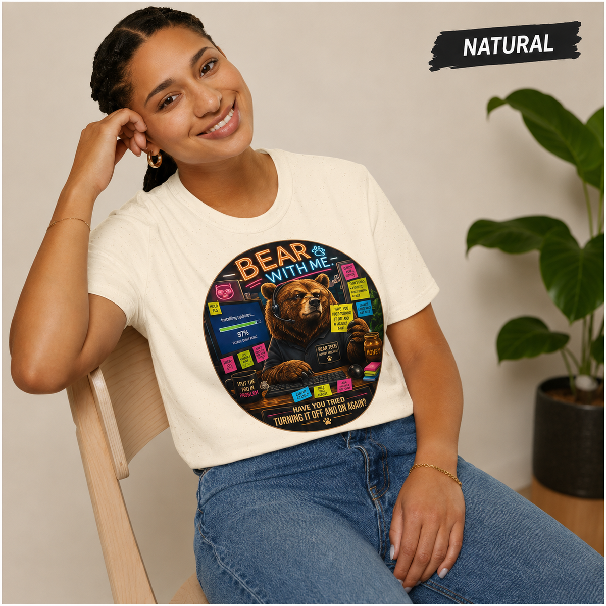 Bear With Me Shirt, Funny IT Support Tee, Tech Help Desk Humor, Turning It Off And On Again Graphic T-Shirt