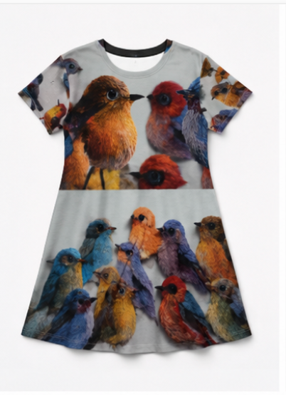 Colorful Bird Pattern T-Shirt Dress | All-Over Print