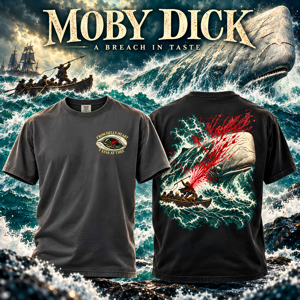 Moby Dick Shirt, Comfort Colors Captain Ahab Tee, Herman Melville Literary Gift, Nautical Whale Graphic, Book Lover Front and Back Print