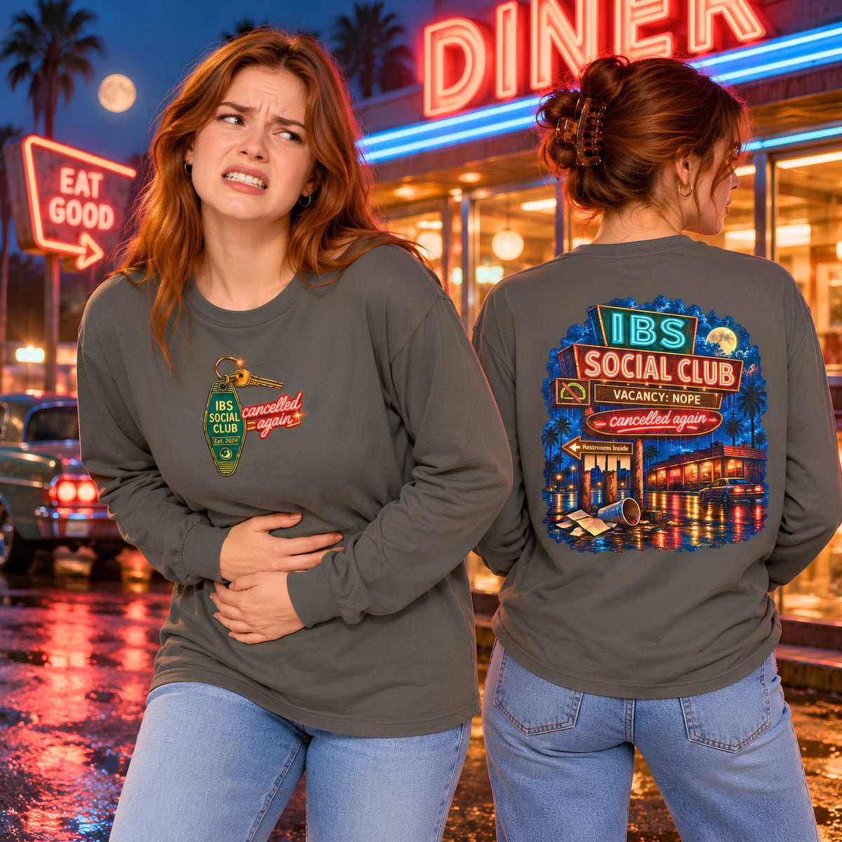 IBS Social Club retro motel chronic illness humor long sleeve T-shirt
