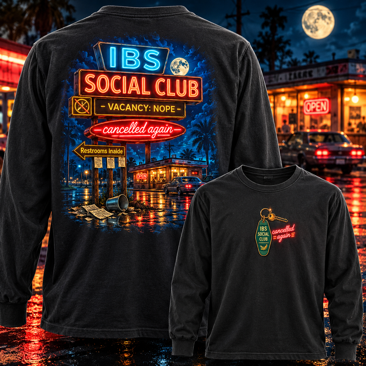IBS Social Club Long Sleeve Shirt, Funny IBS Tee, Cancelled Again Shirt, Irritable Bowel Syndrome Gift, Retro Motel Graphic Tee