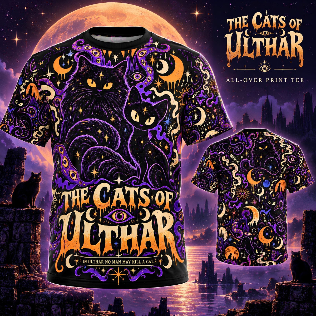 The Cats of Ulthar Literary Horror All Over Print Shirt | Lovecraft Inspired Gothic Cat Tee