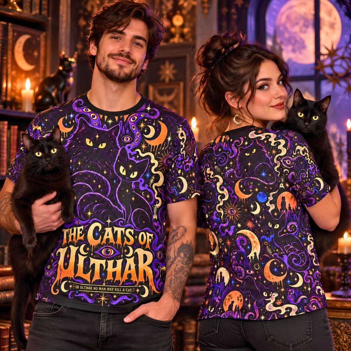 The Cats of Ulthar Literary Horror All Over Print Shirt | Lovecraft Inspired Gothic Cat Tee