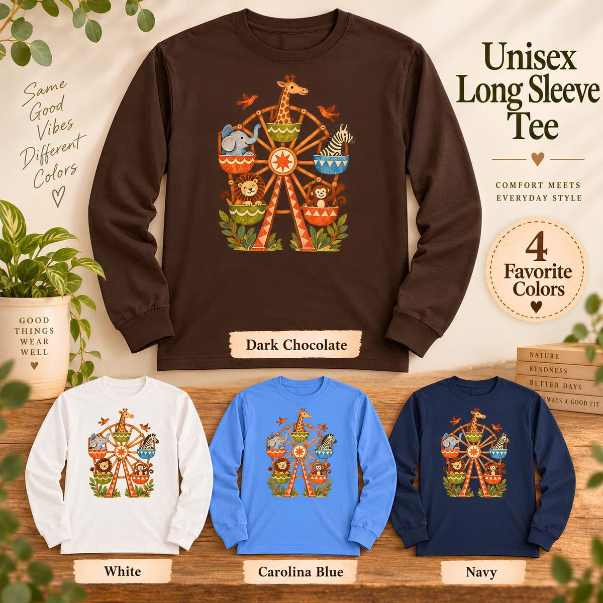 Vintage Safari Ferris Wheel Long Sleeve Shirt, Whimsical Zoo Animal Tee, Retro Storybook Graphic, Unisex Animal Lover Gift